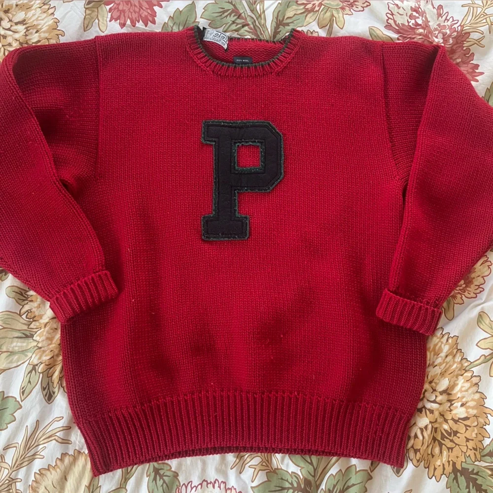 Polo Ralph Lauren Vintage Red 100% Wool Varsity P crewneck sweater, chunky knit - Picture 1 of 11